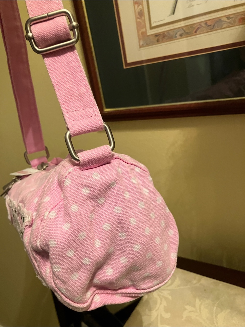 💖VS Pink VIRAL Y2K style Canvas Rolled Duffle Bag pink with polka dots NWT - Picture 7 of 12